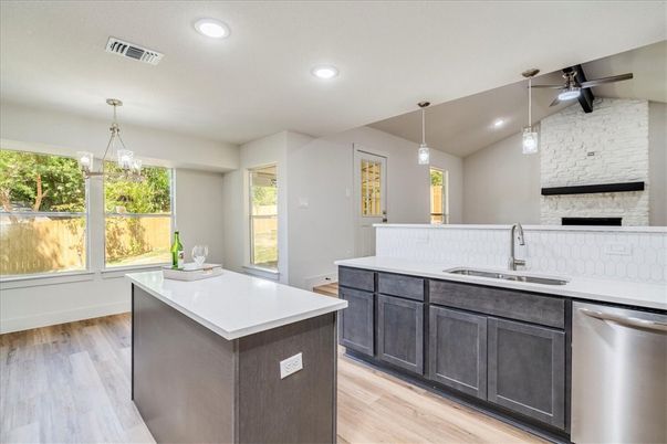 Interior, Kitchen, Pendant Lights, Recessed Lighting, Wood Texture Flooring