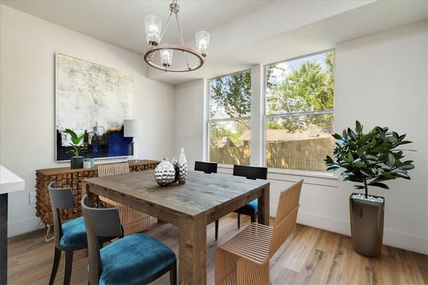 Dining room, Interior, Pendant Lights, Wood Texture Flooring