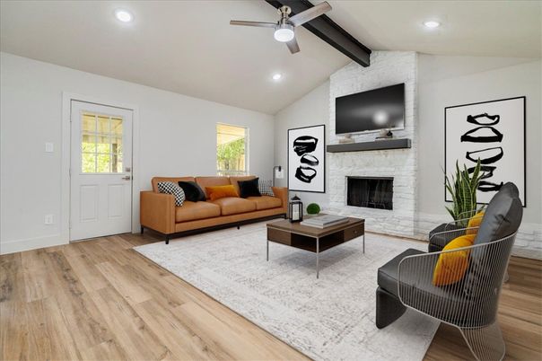 Fireplace, Interior, Living room, Recessed Lighting, Wooden Beams, Wood Texture Flooring