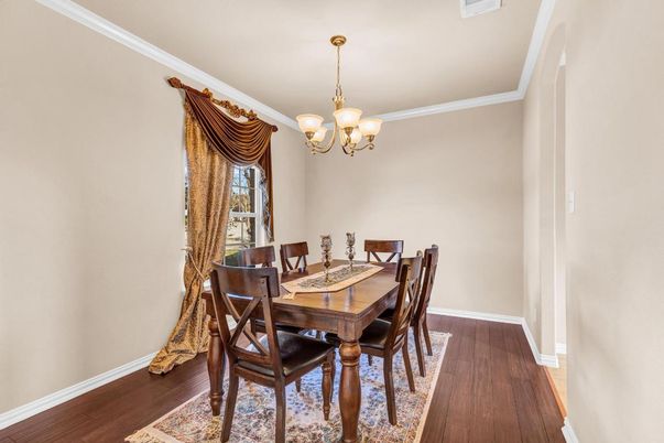 Chandelier, Dining room, Interior, Wood Texture Flooring