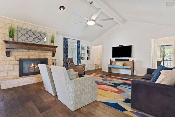 Fireplace, Interior, Living room, Recessed Lighting, Wood Texture Flooring