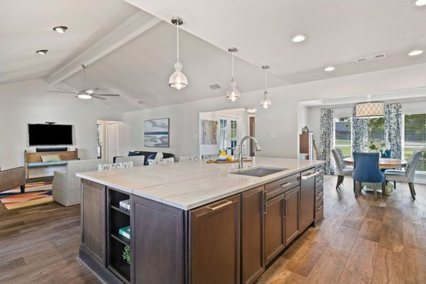 Dining room, Interior, Kitchen, Pendant Lights, Recessed Lighting, Wood Texture Flooring