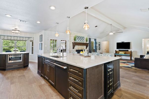 Fireplace, Interior, Kitchen, Living room, Pendant Lights, Recessed Lighting, Wood Texture Flooring