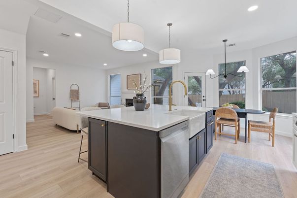 Dining room, Interior, Kitchen, Living room, Pendant Lights, Recessed Lighting, Wood Texture Flooring