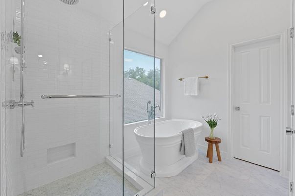 Bathroom, Free Standing Baths, Glass Shower, Interior, Marble, Recessed Lighting