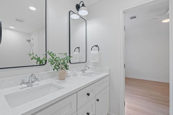 Bathroom, Dual Sink Vanities, Interior, Recessed Lighting, Wood Texture Flooring