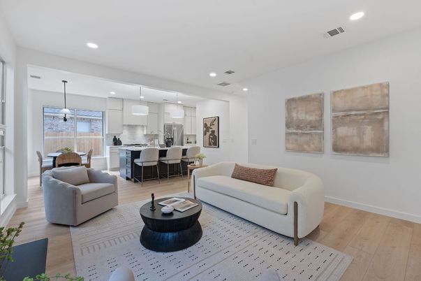 Dining room, Interior, Kitchen, Living room, Pendant Lights, Recessed Lighting, Stainless Steel Appliances, Wood Texture Flooring