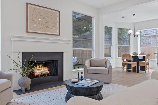Dining room, Fireplace, Interior, Living room, Pendant Lights, Wood Texture Flooring