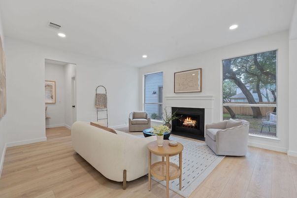 Fireplace, Interior, Living room, Recessed Lighting, Wood Texture Flooring