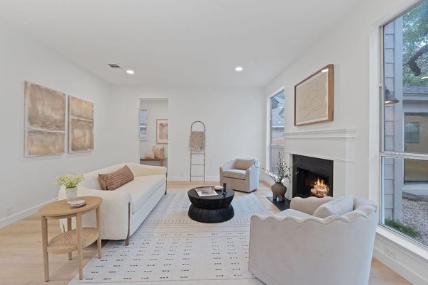 Fireplace, Interior, Living room, Recessed Lighting, Wood Texture Flooring