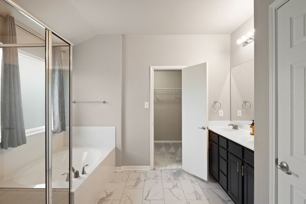 Bathroom, Dual Sink Vanities, Glass Shower, Interior, Marble, Walk-in Closets
