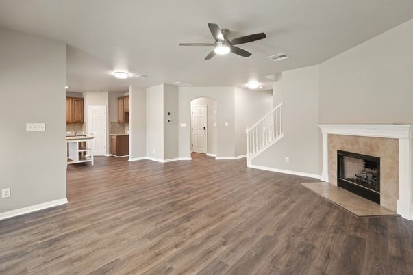 Empty room, Fireplace, Interior, Recessed Lighting, Wood Texture Flooring