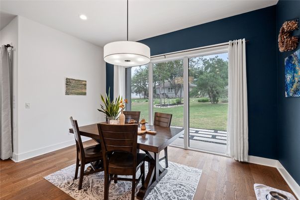 Dining room, Interior, Pendant Lights, Recessed Lighting, Wood Texture Flooring