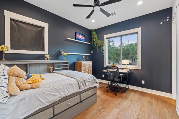 Bedroom, Home Office, Interior, Recessed Lighting, Wood Texture Flooring