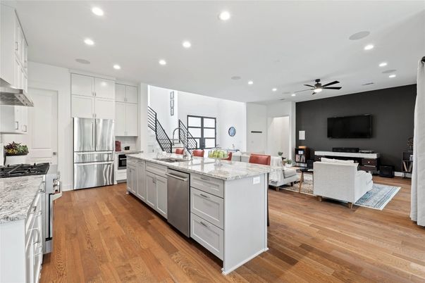 Interior, Kitchen, Living room, Recessed Lighting, Stainless Steel Appliances, Wood Texture Flooring