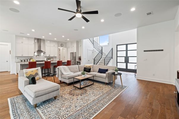 Interior, Kitchen, Living room, Recessed Lighting, Stainless Steel Appliances, Wood Texture Flooring
