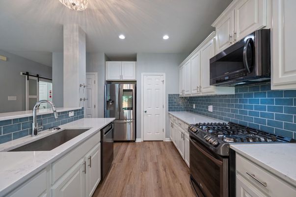Interior, Kitchen, Recessed Lighting, Stainless Steel Appliances, Wood Texture Flooring