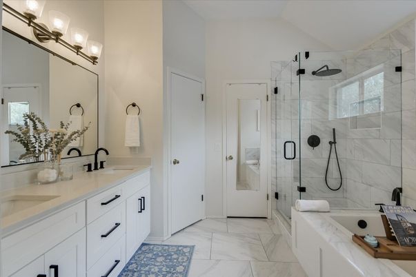 Bathroom, Dual Sink Vanities, Glass Shower, Interior, Marble, Marble Walls
