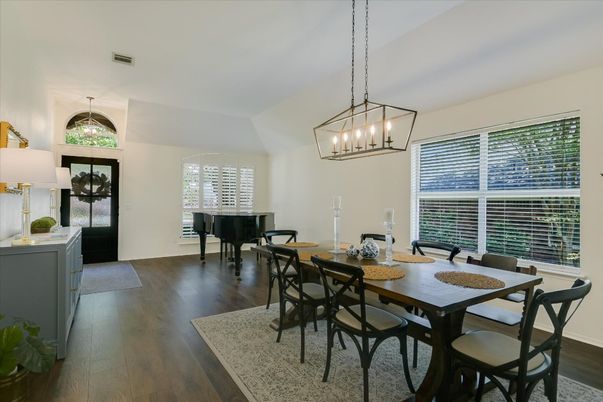 Dining room, Interior, Pendant Lights, Piano, Wood Texture Flooring