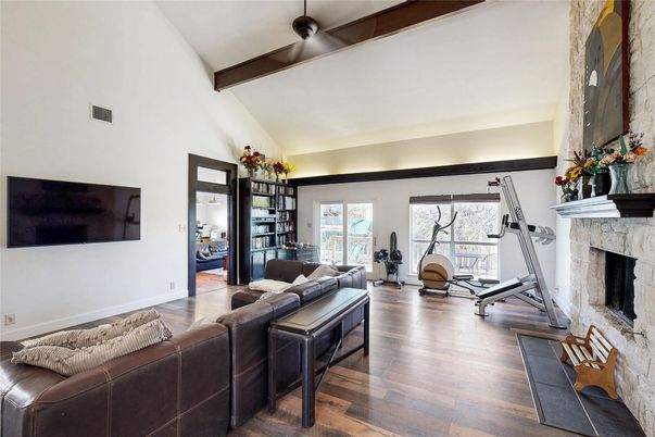 Fireplace, Fitness Equipment, Interior, Living room, Wooden Beams, Wood Texture Flooring