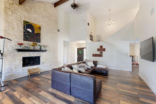 Fireplace, Interior, Living room, Pendant Lights, Stone Walls, Wooden Beams, Wood Texture Flooring