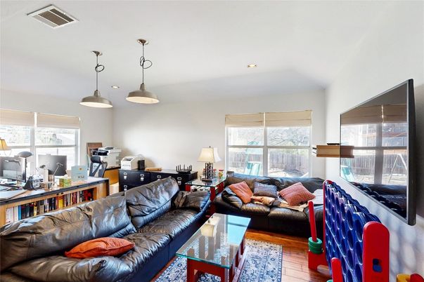 Home Office, Interior, Living room, Pendant Lights, Recessed Lighting, Wood Texture Flooring