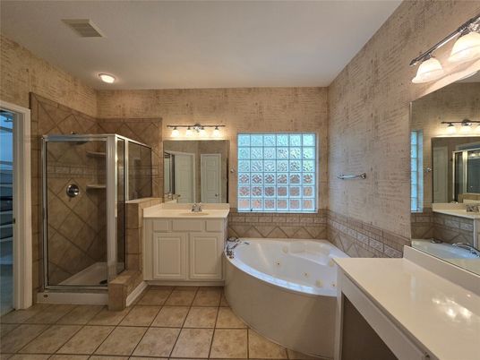 Bathroom, Dual Sink Vanities, Glass Shower, Interior, Recessed Lighting