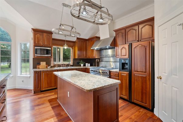 Interior, Kitchen, Pendant Lights, Stainless Steel Appliances, Wood Texture Flooring