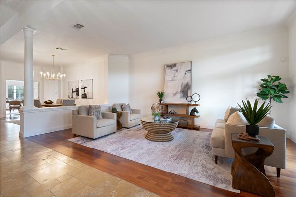Dining room, Interior, Living room, Pendant Lights, Wood Texture Flooring