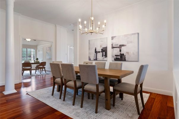 Dining room, Interior, Pendant Lights, Wood Texture Flooring