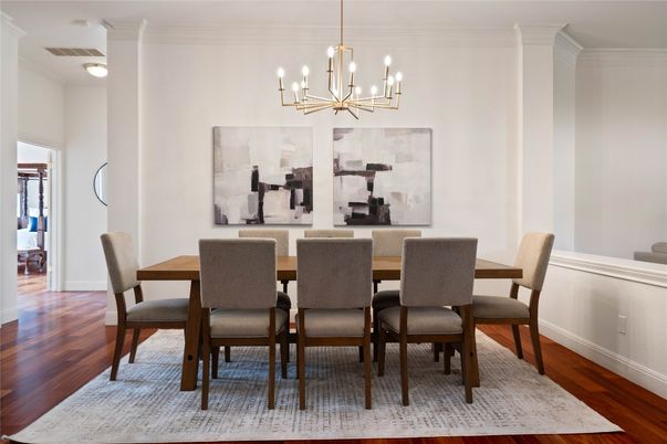 Dining room, Interior, Pendant Lights, Wood Texture Flooring