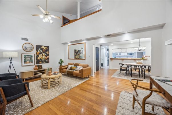 Chandelier, Dining room, Interior, Kitchen, Living room, Pendant Lights, Recessed Lighting, Wood Texture Flooring