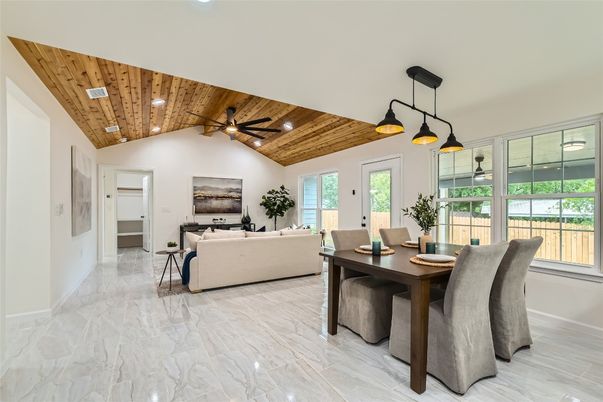 Dining room, Interior, Living room, Marble, Pendant Lights, Recessed Lighting, Wooden Ceilings