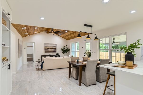 Dining room, Interior, Living room, Marble, Pendant Lights, Recessed Lighting, Wooden Beams, Wooden Ceilings