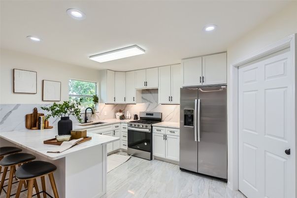 Interior, Kitchen, Marble, Recessed Lighting, Stainless Steel Appliances