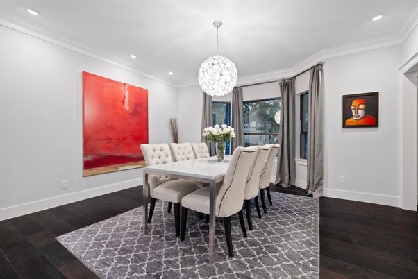 Dining room, Interior, Pendant Lights, Recessed Lighting, Wood Texture Flooring