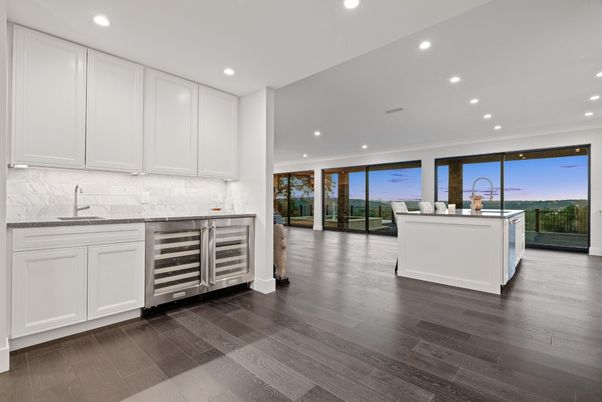 Interior, Kitchen, Recessed Lighting, Stainless Steel Appliances, Water, Wood Texture Flooring