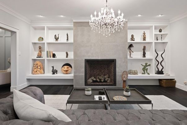 Chandelier, Fireplace, Interior, Living room, Recessed Lighting, Wood Texture Flooring