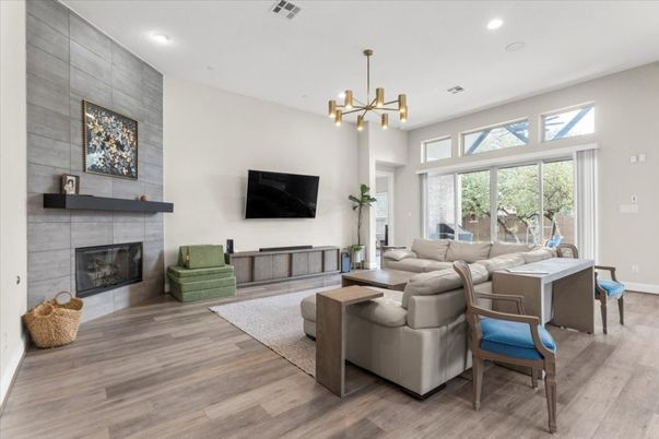 Fireplace, Interior, Living room, Pendant Lights, Recessed Lighting, Wood Texture Flooring