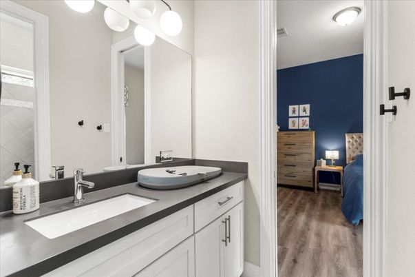 Bathroom, Dual Sink Vanities, Interior, Wood Texture Flooring