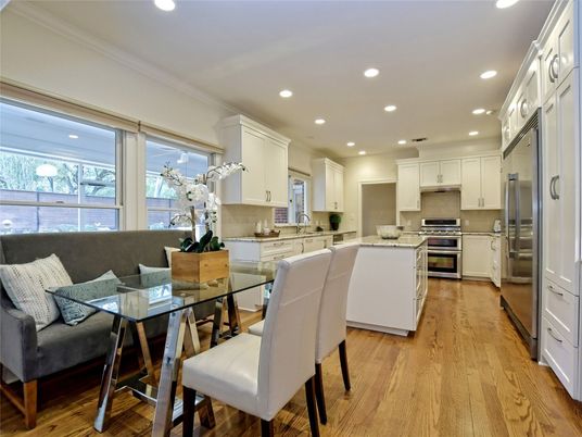 Dining room, Interior, Kitchen, Recessed Lighting, Stainless Steel Appliances, Wood Texture Flooring
