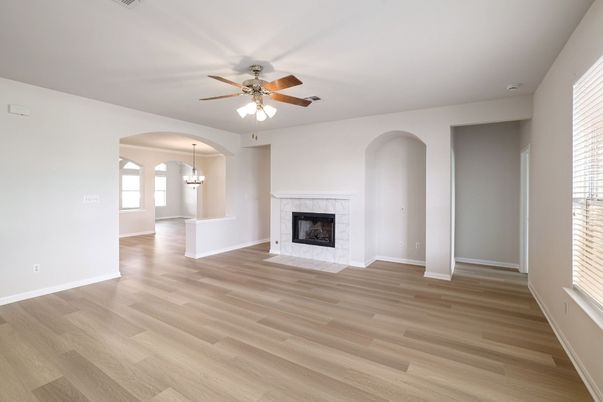 Empty room, Fireplace, Interior, Pendant Lights, Wood Texture Flooring