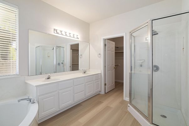 Bathroom, Dual Sink Vanities, Glass Shower, Interior, Wood Texture Flooring