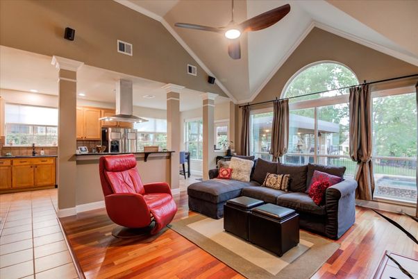 Interior, Kitchen, Living room, Recessed Lighting, Stainless Steel Appliances, Wood Texture Flooring