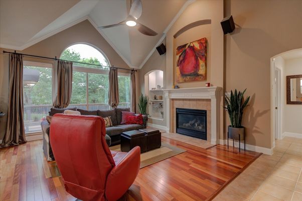 Fireplace, Interior, Living room, Recessed Lighting, Wood Texture Flooring