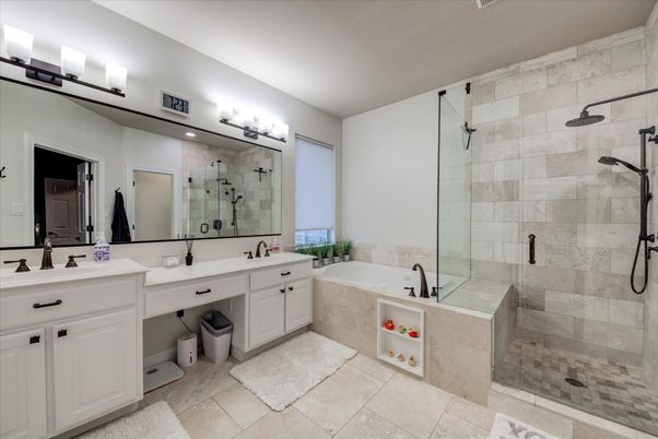 Bathroom, Dual Sink Vanities, Glass Shower, Interior, Stone Walls