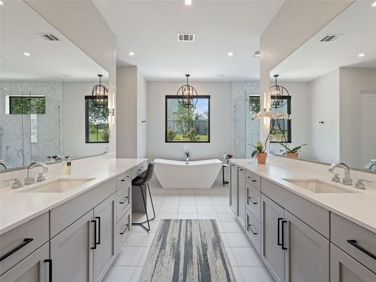 Bathroom, Dual Sink Vanities, Free Standing Baths, Interior, Pendant Lights, Recessed Lighting