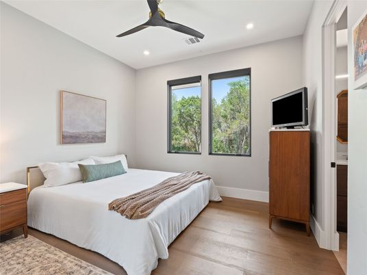 Bedroom, Interior, Recessed Lighting, Wood Texture Flooring