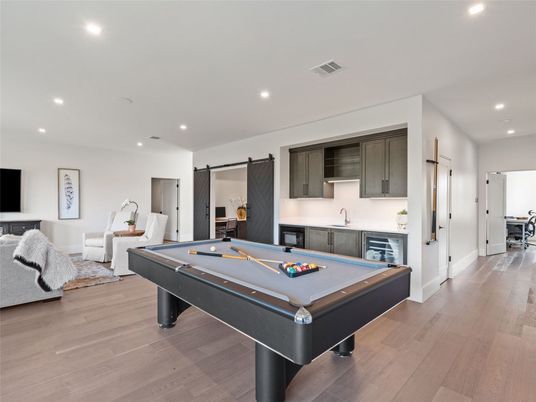 Billiard Table, Game Room, Interior, Recessed Lighting, Wood Texture Flooring
