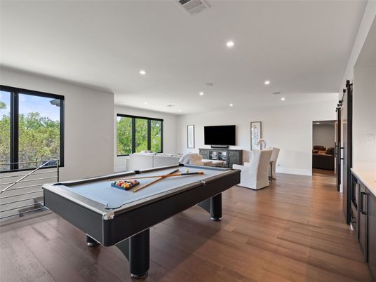 Billiard Table, Game Room, Interior, Recessed Lighting, Wood Texture Flooring